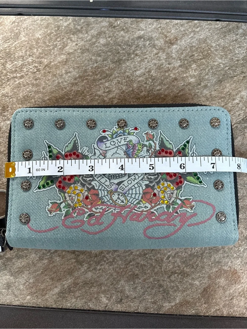 Ed Hardy Light Blue Denim Skull & Roses Wristlet Wallet